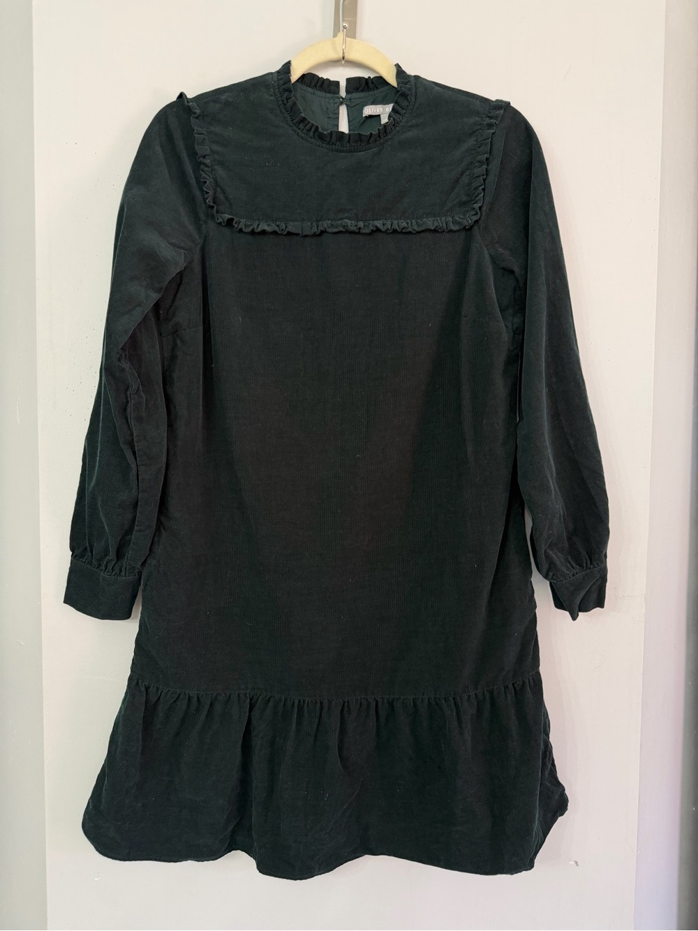 Oliver Bonas Women’s 6 Forest Green Micro Corduroy Bib Long Sleeve Lined Dress - Picture 2 of 9